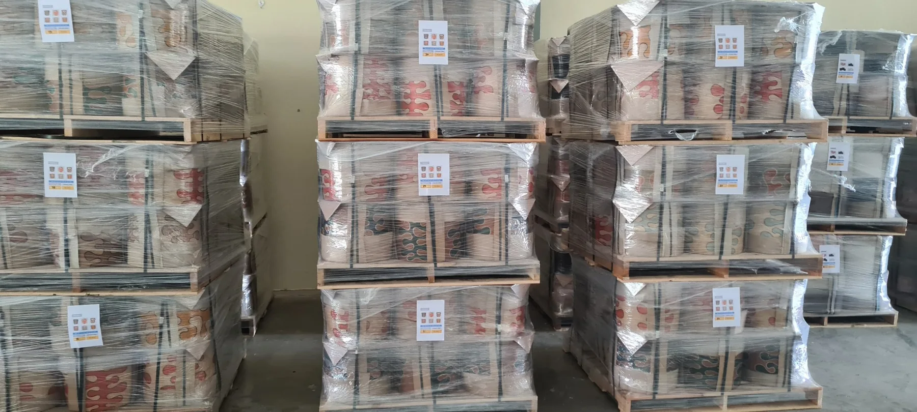 Arthur Exports pottery palletized and stretch wrapped for shipment